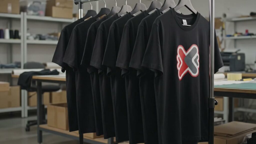 Perchero con polos negros personalizados con el logo de XtremeSport en el taller de Trujillo