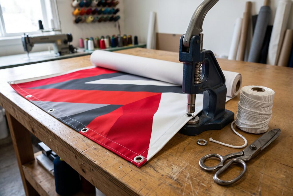 Banderola de lona impresa sobre la mesa del taller, con la remachadora colocando los ojales