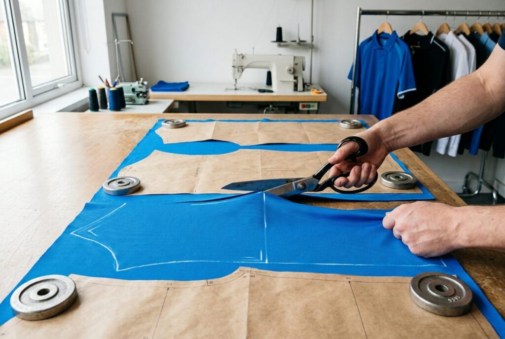 Manos cortando tela deportiva azul con tijeras de sastre sobre patrones de papel