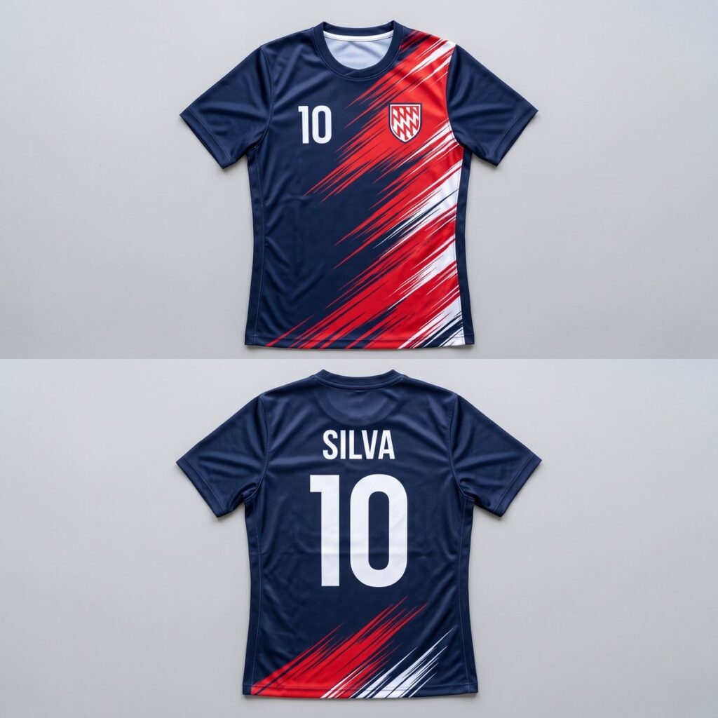 Polo deportivo azul marino con trazos rojos en diagonal, escudo y el nombre y número en la espalda