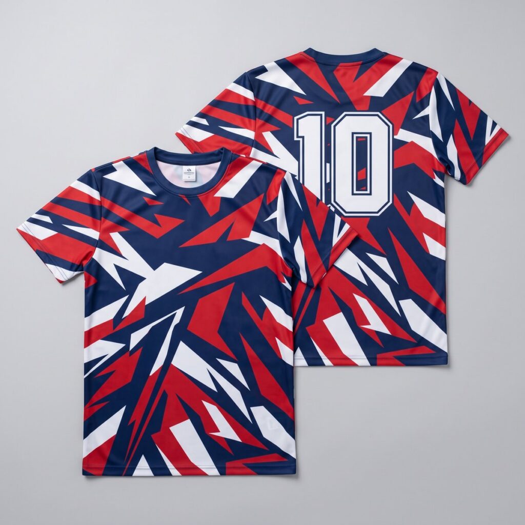 Polo deportivo sublimado con diseño geométrico en azul, rojo y blanco y el número 10