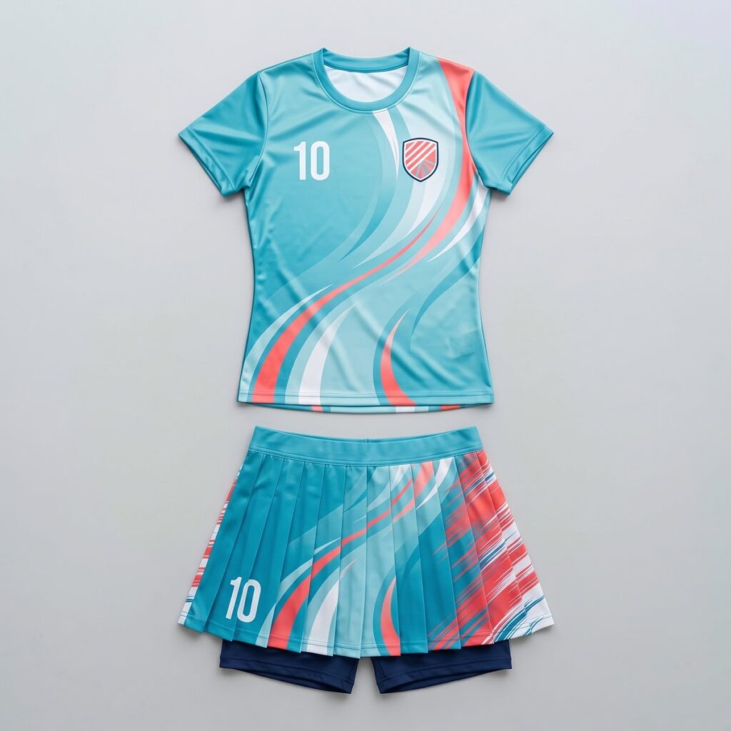 Conjunto de falda short sublimada en celeste y coral con polo a juego y número 10