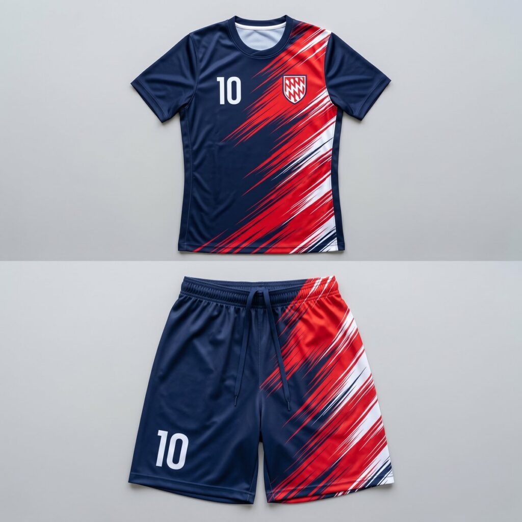 Conjunto de polo y short deportivo sublimado con escudo y número del equipo