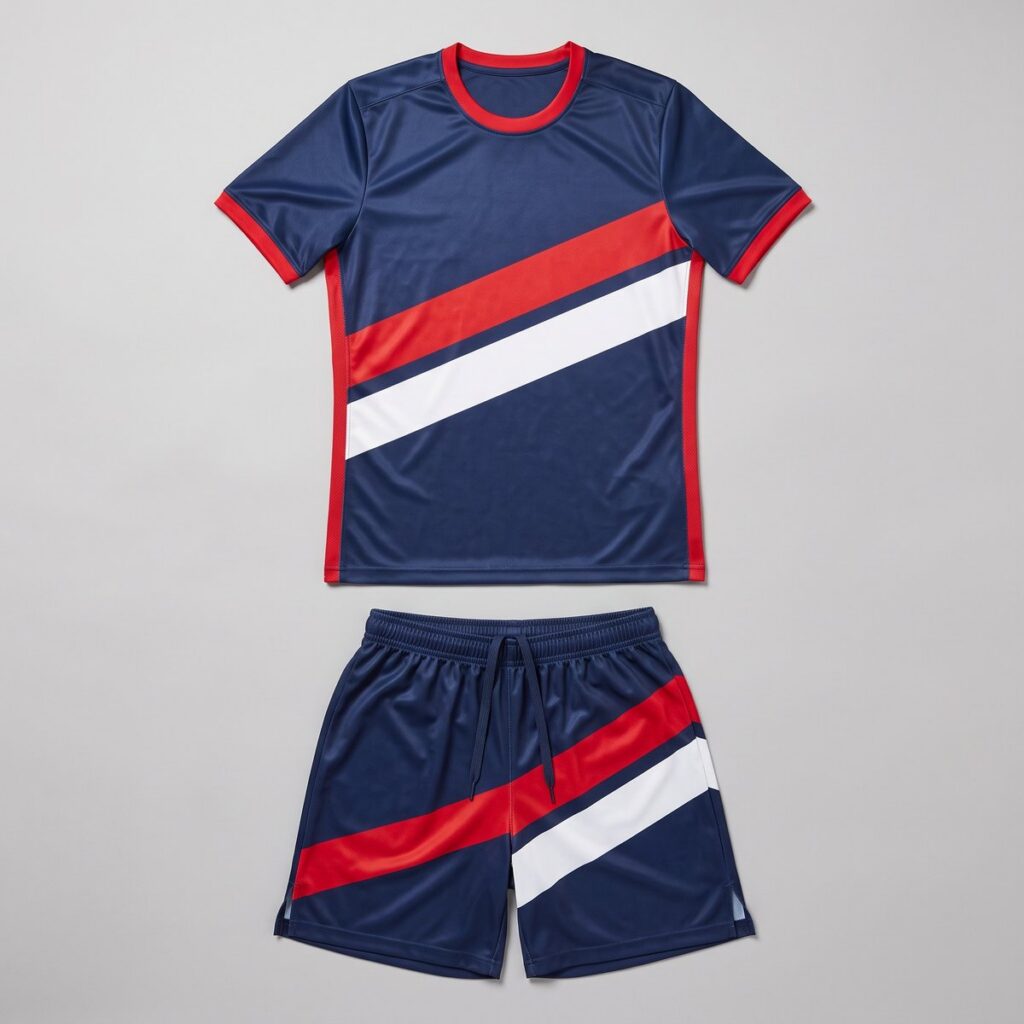 Conjunto deportivo azul marino con franja roja y blanca en diagonal, cuello rojo y short a juego
