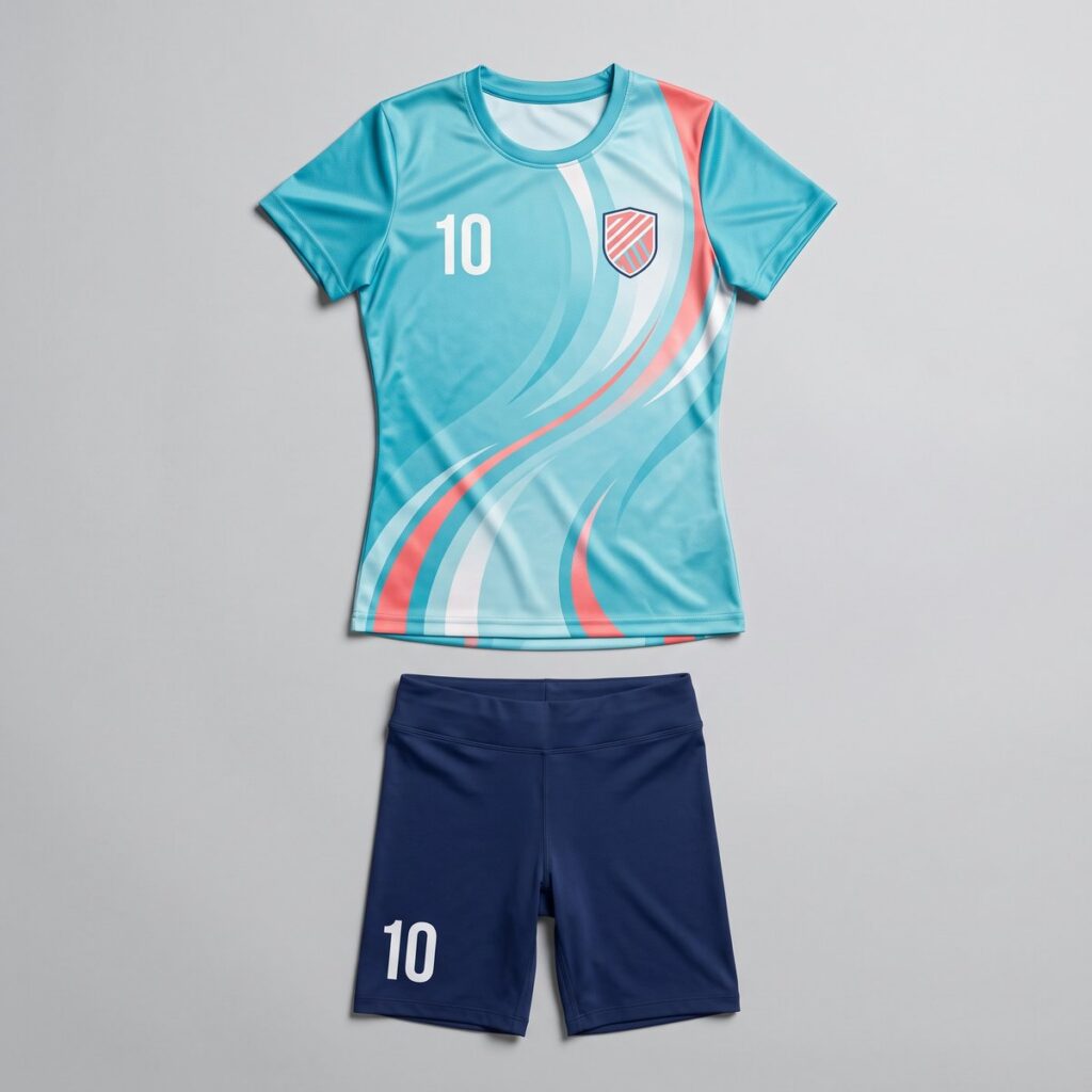 Conjunto deportivo celeste con ondas blancas y coral, polo con número 10 y sniker azul marino