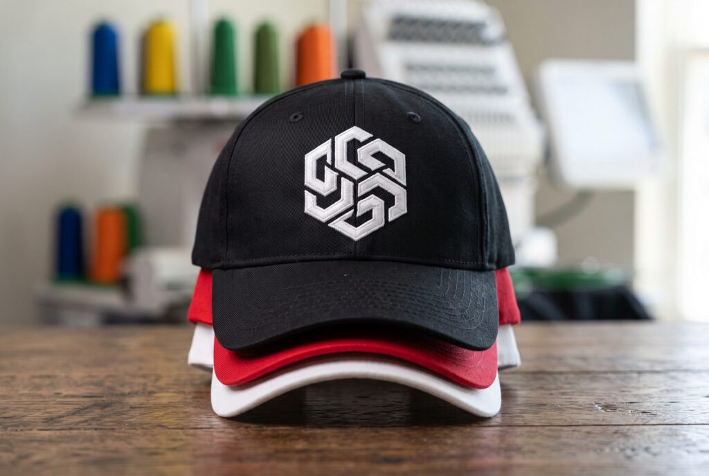 Tres gorras deportivas apiladas con un logo bordado en hilo blanco en el frente