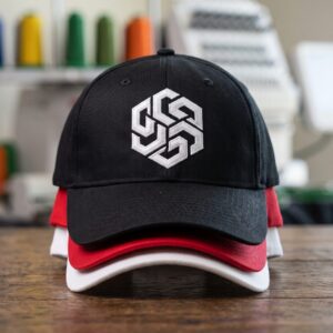 Tres gorras deportivas apiladas con un logo bordado en hilo blanco en el frente