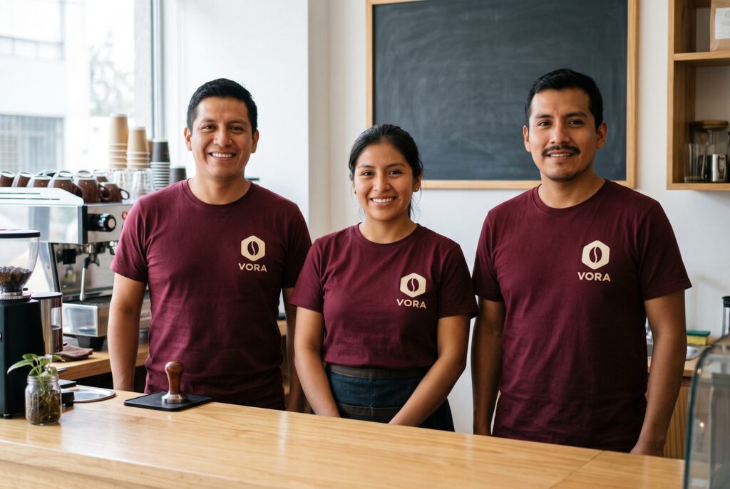 Tres trabajadores de una cafetería con el mismo polo granate y el logo de la empresa estampado en el pecho