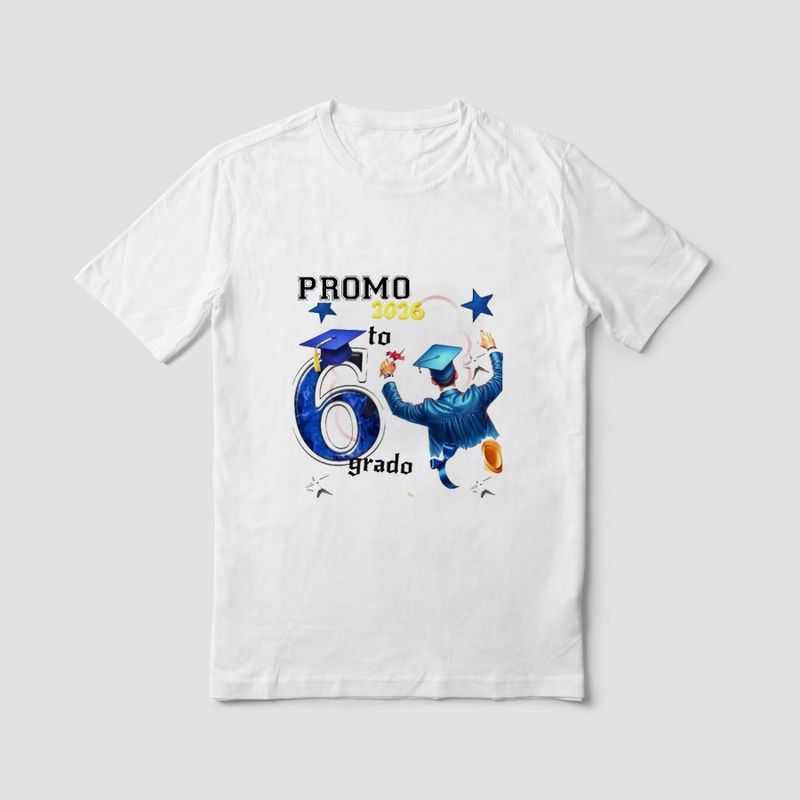 Polo blanco con el diseño de promoción 2026 estampado a todo color