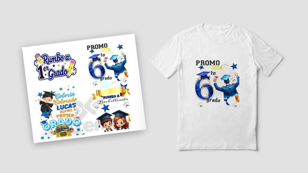 Lámina de diseños de promoción y graduación junto a un polo blanco con el diseño Promo 2026 estampado
