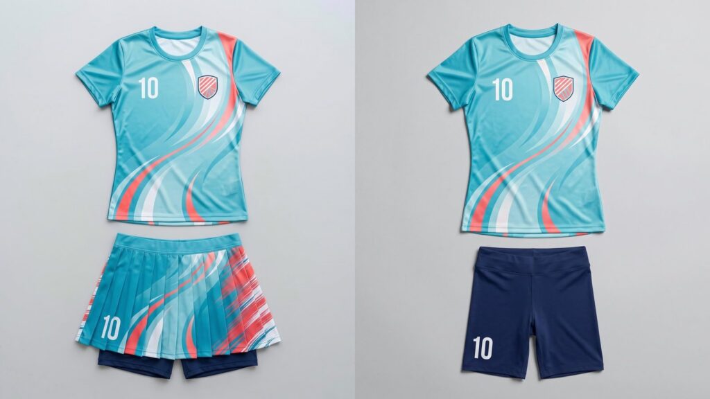 Conjunto femenino de polo sublimado con falda short y con sniker, en celeste y coral