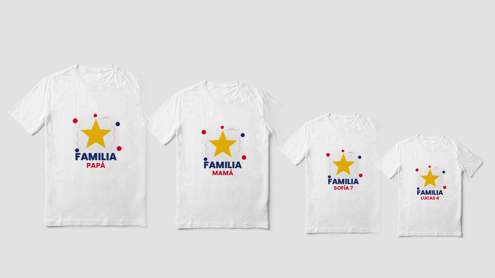 Cuatro polos blancos de distintas tallas con el mismo diseño de estrella, la palabra Familia y el nombre de cada uno