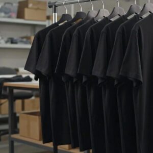 Polos lisos colgados en el perchero del taller de XtremeSport, listos para estampar