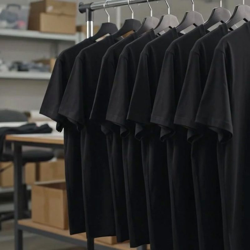 Polos lisos colgados en el perchero del taller de XtremeSport, listos para estampar