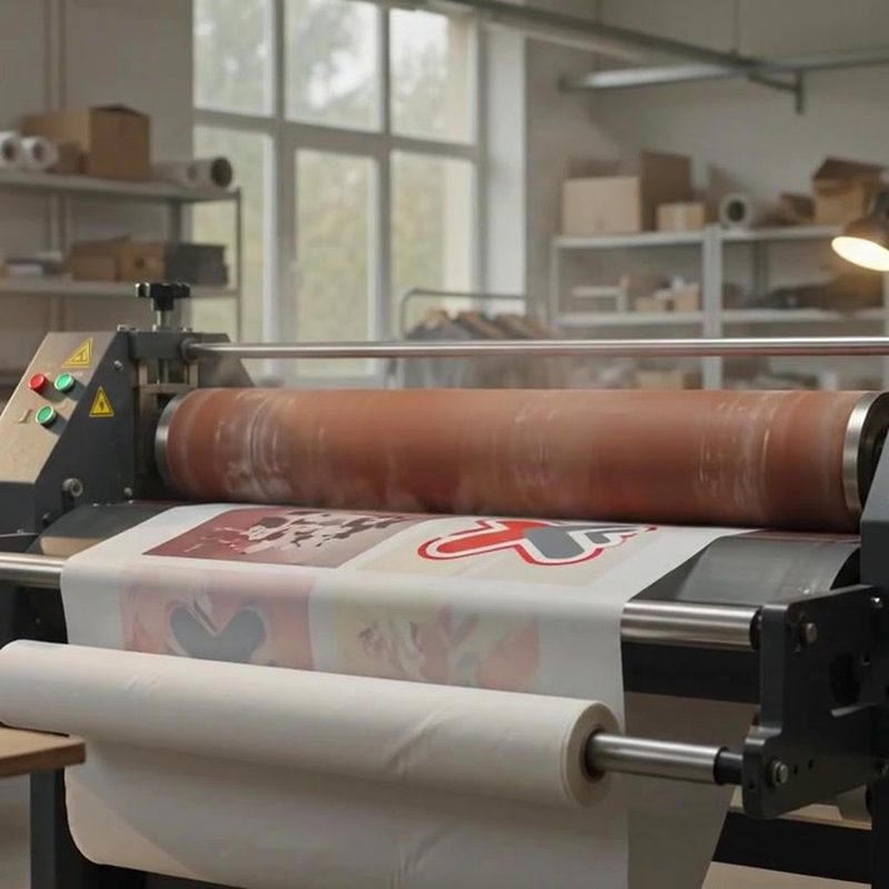 Rollo de film DTF con diseños impresos saliendo de la máquina en el taller de XtremeSport