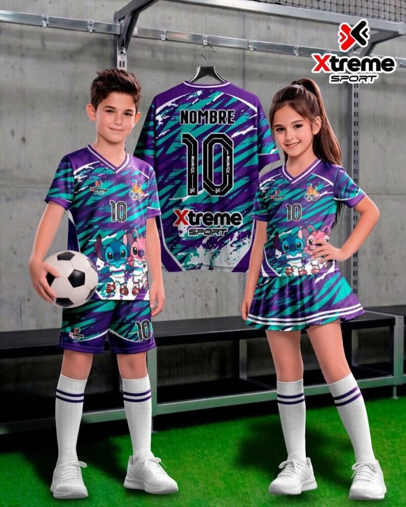 Uniforme deportivo sublimado para niños Criatura Azul, Morado y turquesa