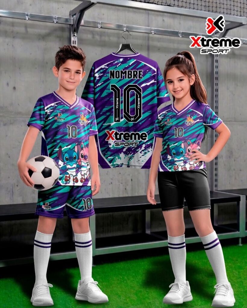 Uniforme deportivo sublimado para niños Criatura Azul, Morado y verde agua