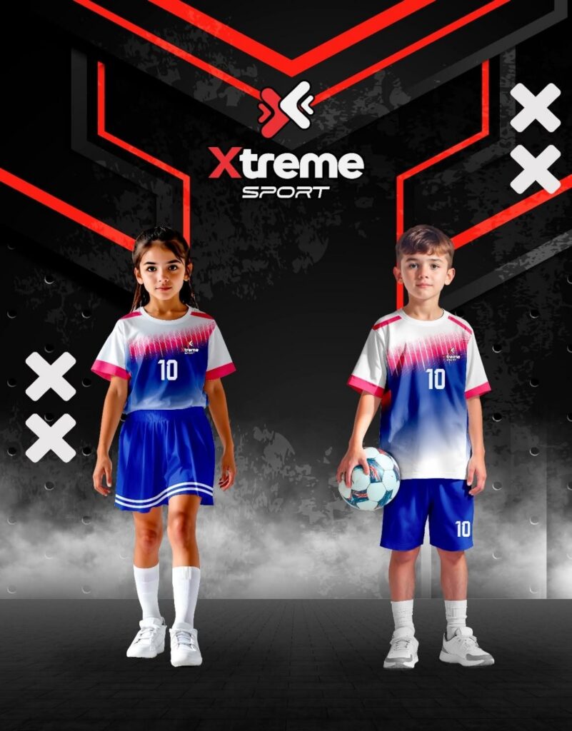 Uniforme deportivo sublimado blanco y azul para niños: polo, short y falda short