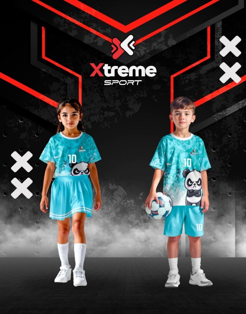 Uniforme deportivo sublimado turquesa para niños: polo, short y falda short