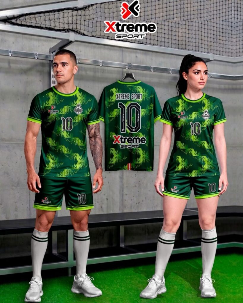 Uniforme deportivo sublimado verde para hombre y mujer, con espacio para el logo del equipo