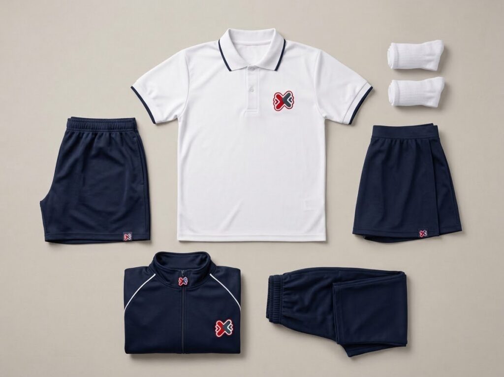 Uniforme deportivo sublimado para niños Educación física, Polo, short, falda short, buzo y medias, con el escudo del colegio