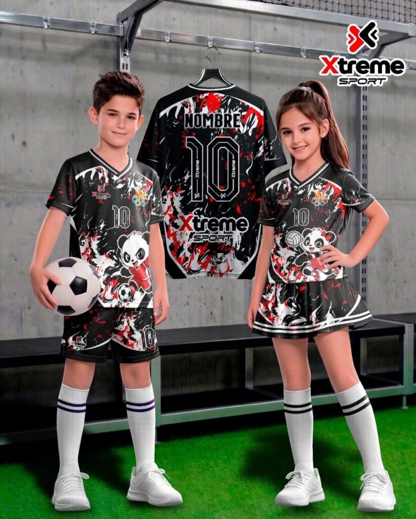 Uniforme deportivo sublimado para niños Oso Panda, Negro, rojo y blanco