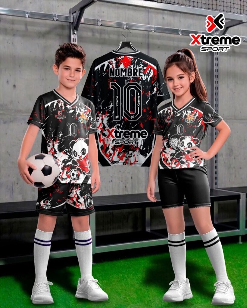 Uniforme deportivo sublimado para niños Oso Panda, Negro y rojo