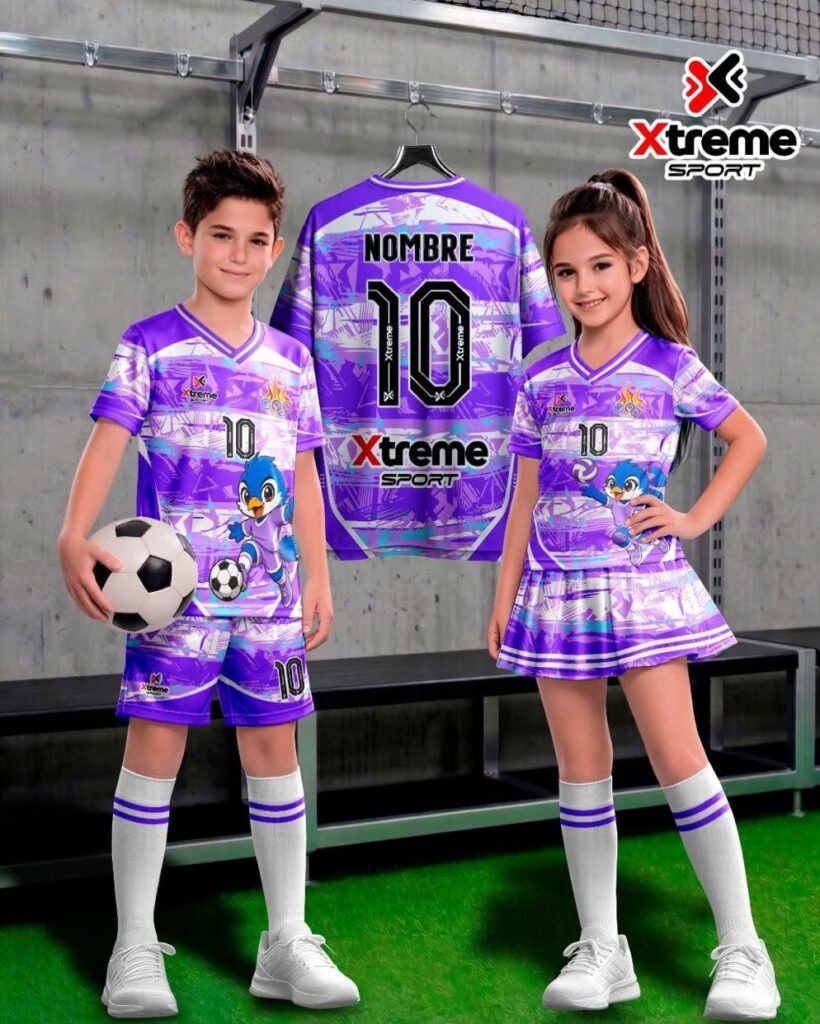 Uniforme deportivo sublimado para niños Pajarito Azul, Morado y blanco