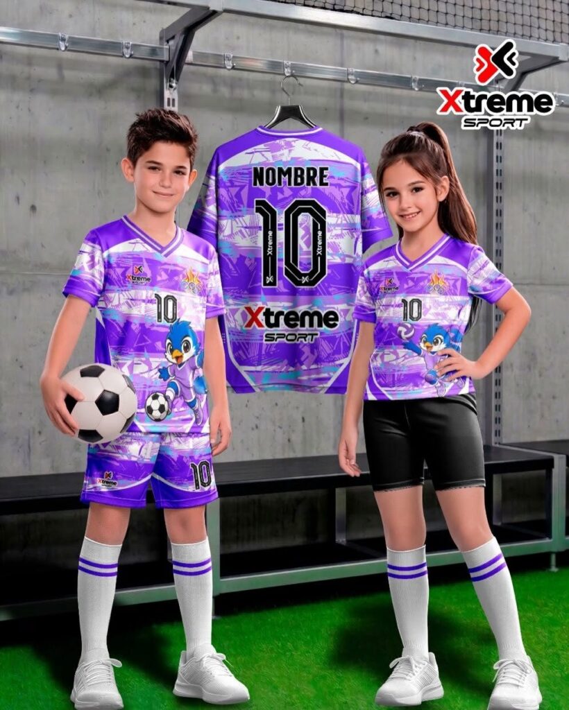 Uniforme deportivo sublimado para niños Pajarito Azul, Morado claro