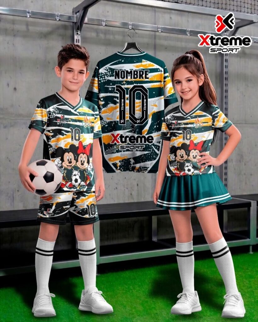 Uniforme deportivo sublimado para niños Ratón Clásico, Verde, blanco y naranja