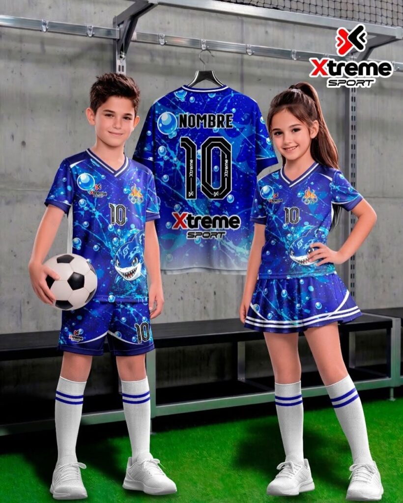 Uniforme deportivo sublimado para niños Tiburón, Azul, con burbujas