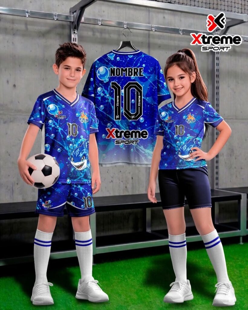 Uniforme deportivo sublimado para niños Tiburón, Azul marino