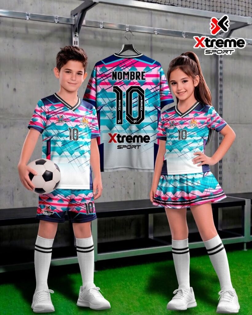 Uniforme deportivo sublimado para niños Triángulos Rosa, Rosa y turquesa