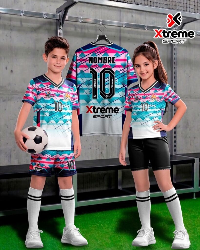 Uniforme deportivo sublimado para niños Triángulos Rosa, Rosa, turquesa y blanco