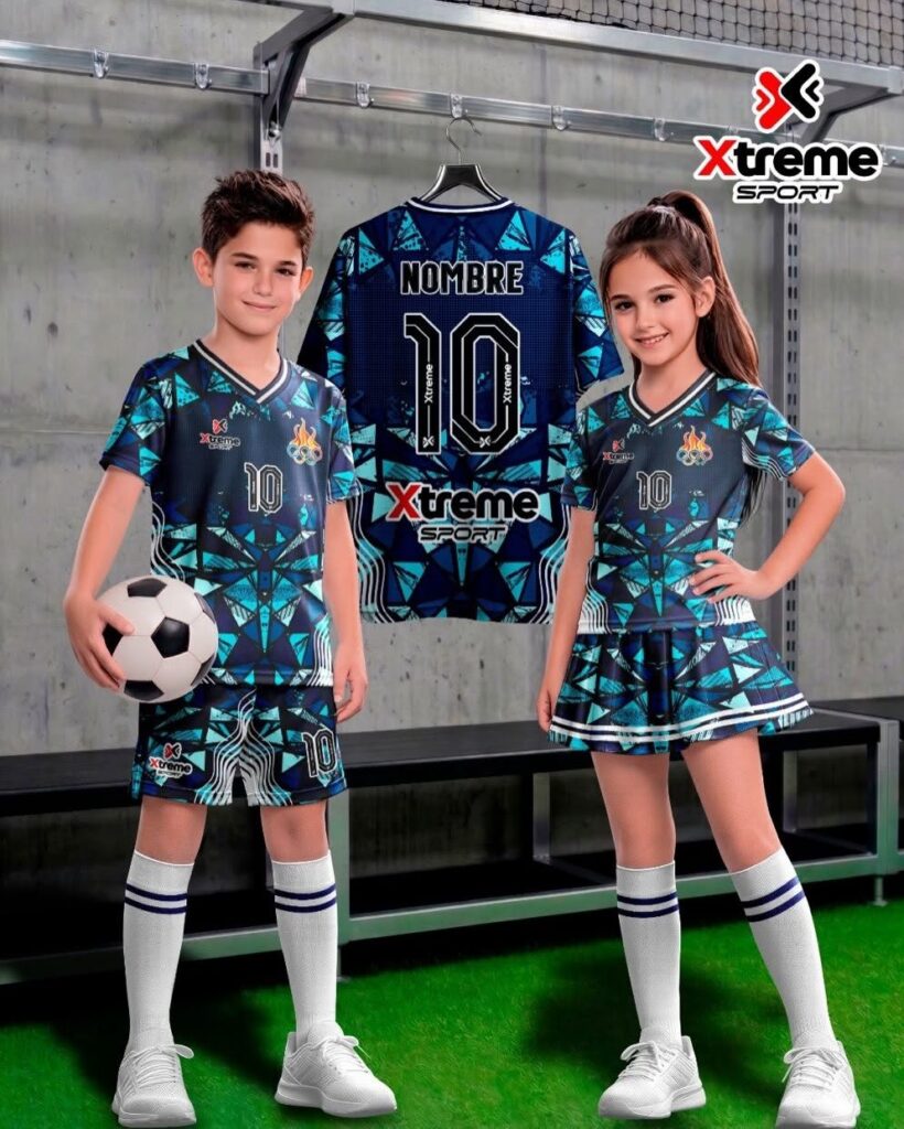 Uniforme deportivo sublimado para niños Triángulos Turquesa, Turquesa y azul