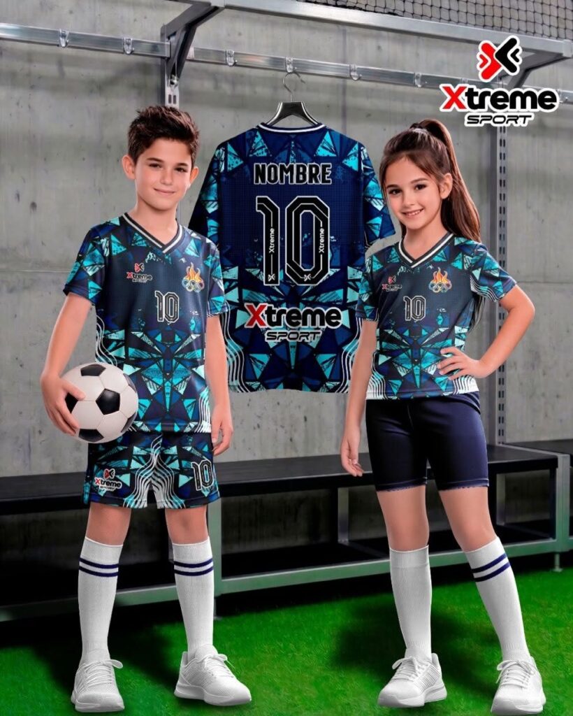 Uniforme deportivo sublimado para niños Triángulos Turquesa, Azul oscuro y turquesa