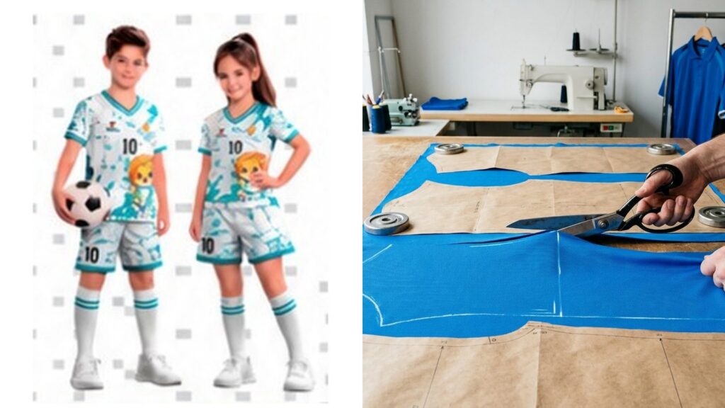 Conjunto deportivo infantil sublimado junto al corte de tela en el taller de confección