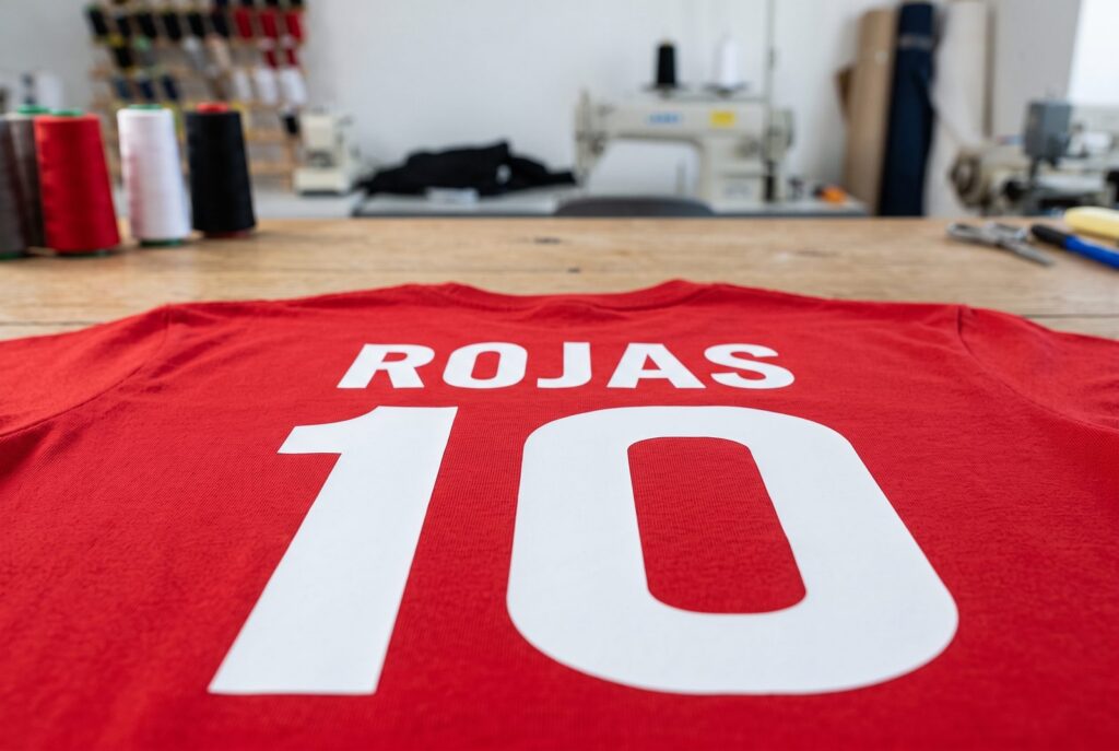Espalda de un polo rojo de fútbol con el apellido y el número 10 en vinil textil blanco