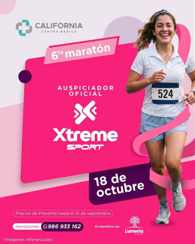 Cartel de la 6.ª maratón del Centro Médico California: 18 de octubre, auspiciador oficial Xtreme Sport, inscripciones al 986 933 162, a beneficio de la asociación Lumeria