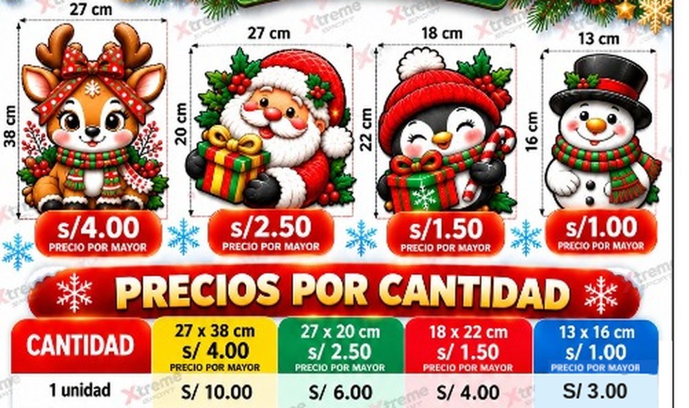 Diseños de Navidad de reno, Papá Noel, pingüino y muñeco de nieve: por mayor desde S/1.00 y una unidad desde S/3.00, según el tamaño