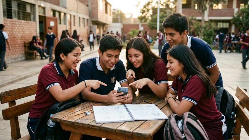 Cinco estudiantes de secundaria en el patio del colegio mirando un celular y señalando, con un cuaderno de bocetos sobre la mesa
