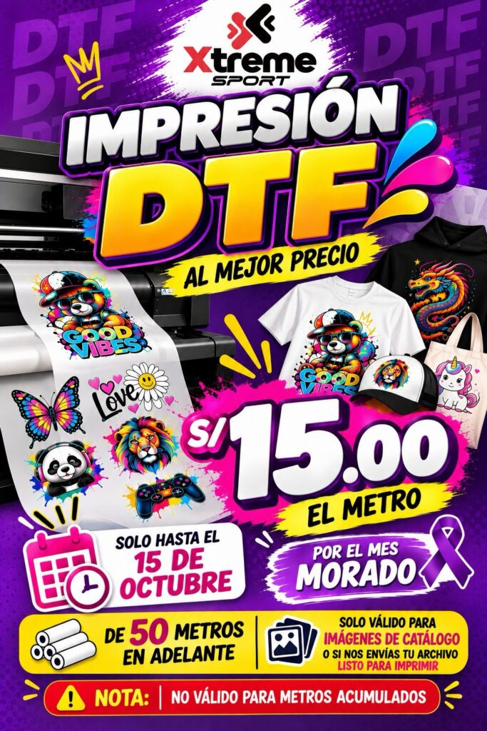 Impresión DTF a S/15 el metro por el mes morado, solo hasta el 15 de octubre, desde 50 metros, con imágenes del catálogo o archivo listo para imprimir