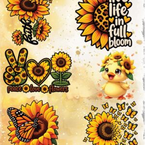 Hoja de láminas DTF de girasoles, modelo 1: girasoles con mariposas, un patito y frases