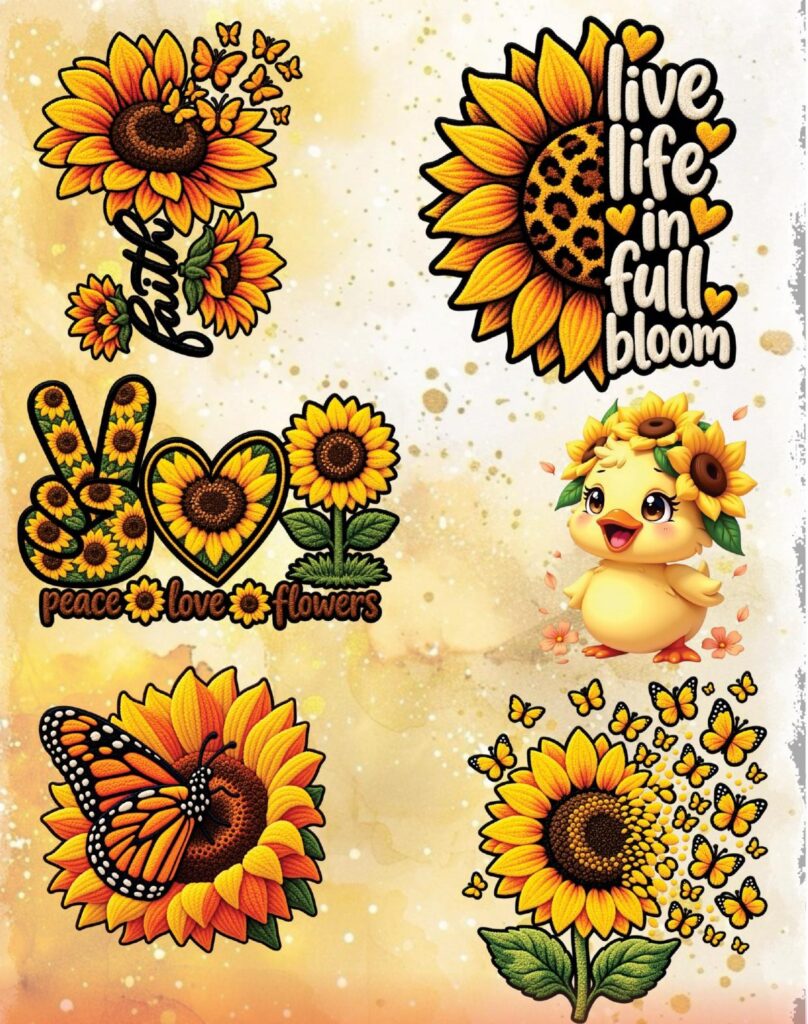 Hoja de láminas DTF de girasoles, modelo 1: girasoles con mariposas, un patito y frases