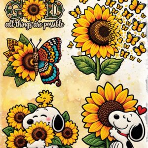 Hoja de láminas DTF de girasoles, modelo 2: girasoles con mariposas y una frase
