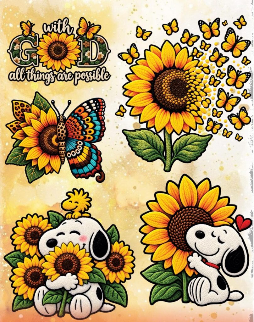Hoja de láminas DTF de girasoles, modelo 2: girasoles con mariposas y una frase