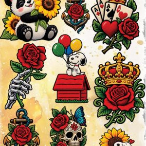 Hoja de láminas DTF modelo 3: rosas, anclas, cartas, coronas y calavera