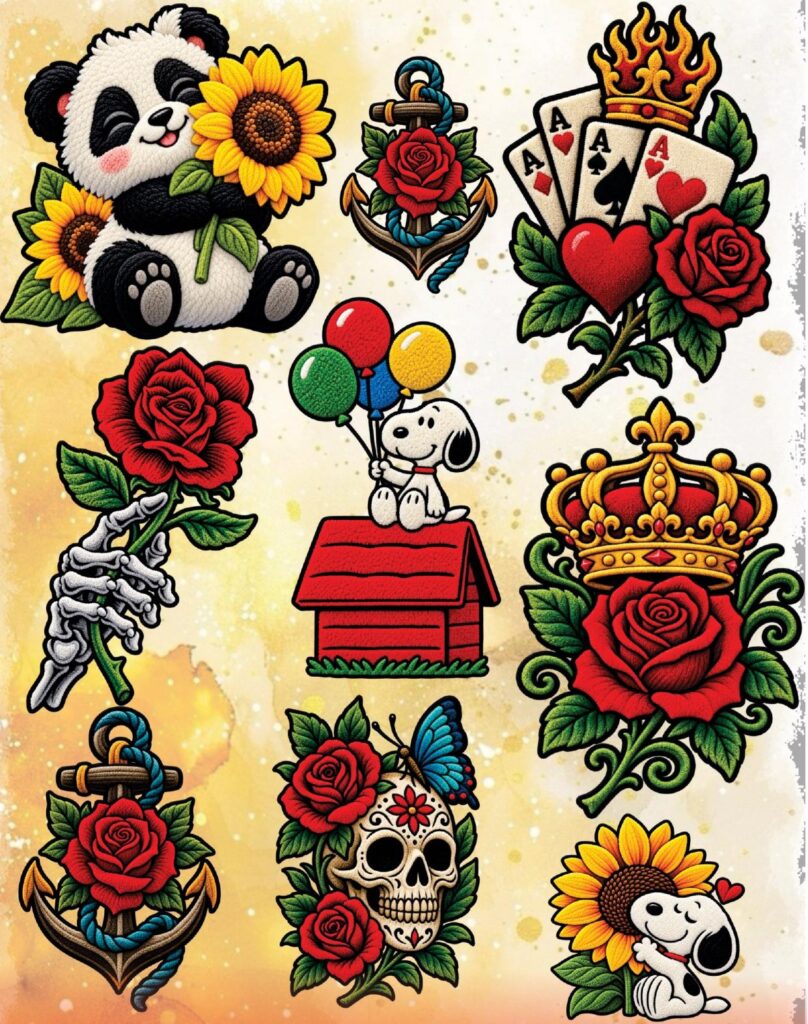 Hoja de láminas DTF modelo 3: rosas, anclas, cartas, coronas y calavera