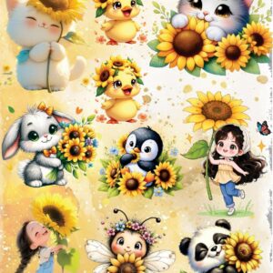 Hoja de láminas DTF de girasoles, modelo 4: gatitos, patitos, conejita, pingüino y panda