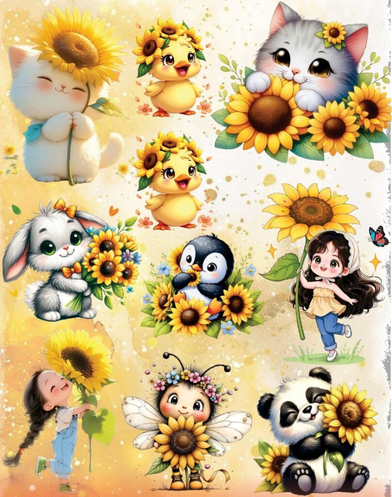 Hoja de láminas DTF de girasoles, modelo 4: gatitos, patitos, conejita, pingüino y panda